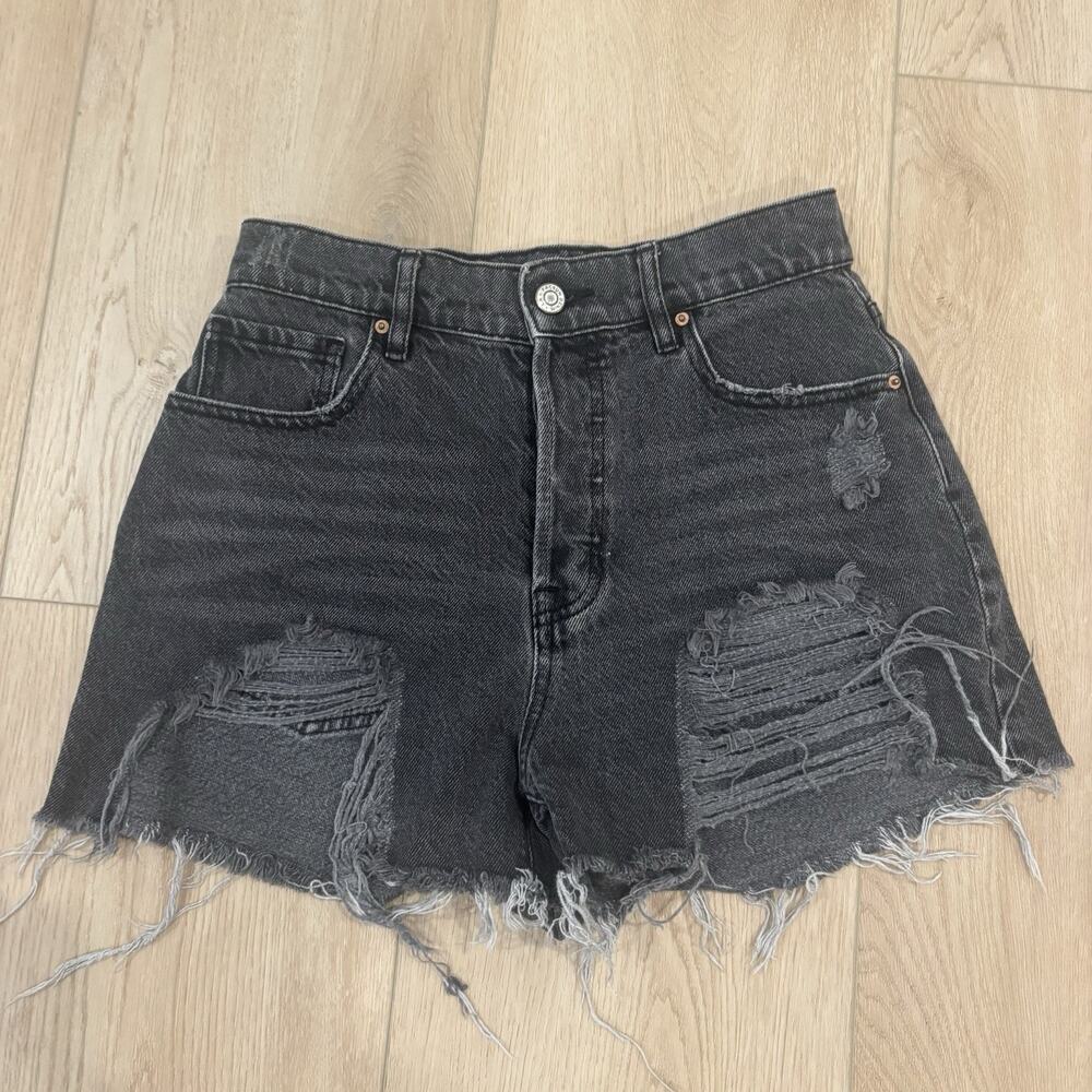 PacSun Shorts Womens High Rise Icon Short Black Denim Distressed Frayed Hem 26